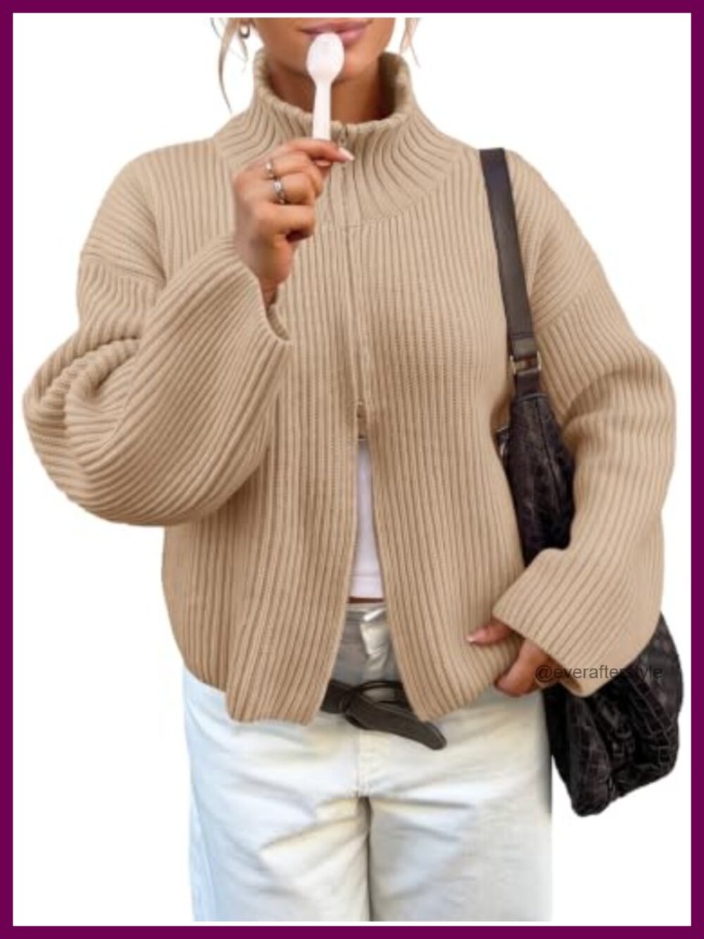 Women's Chunky Ribbed Knit Zip Up Cardigan Mock Neck Sweater
